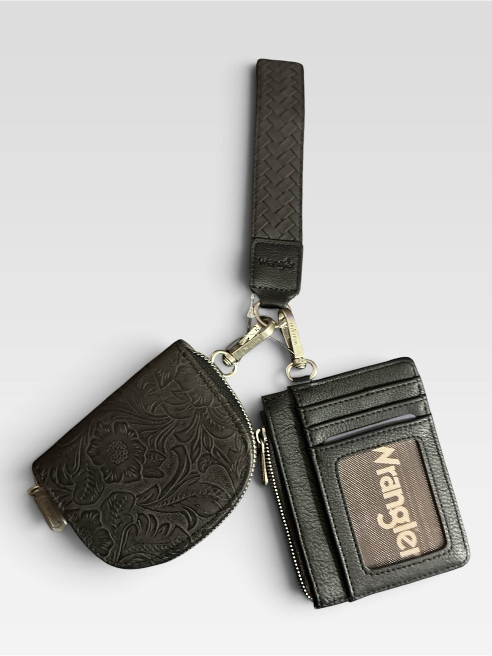 Wrangler Black Embossed Leather Cardholder with Coin Pouch Wrist Strap
